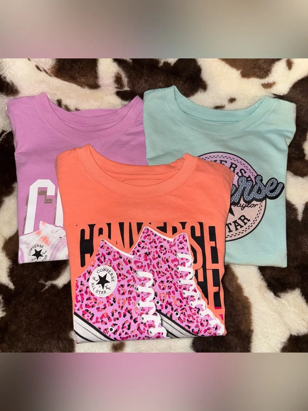 Converse Kids Set of 3 Coral Orange, Turquoise, and Purple graphic tees size 6